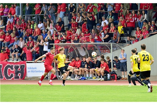 Niklas Mohr (Nr. 14) vor der Gästetribüne. Auswärtssieg der SG Sonnenhof Großaspach (gelb) in Fellbach. Aufstiegsfeier. Aufstiegsparty nach dem Spiel in Fellbach. Oberligameister Saison 2024/2025. SP