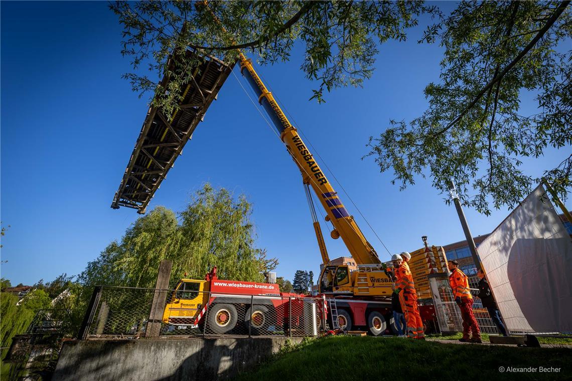 // Der Holzsteg wird ausgehoben und auf die Bleichwiese gelegt