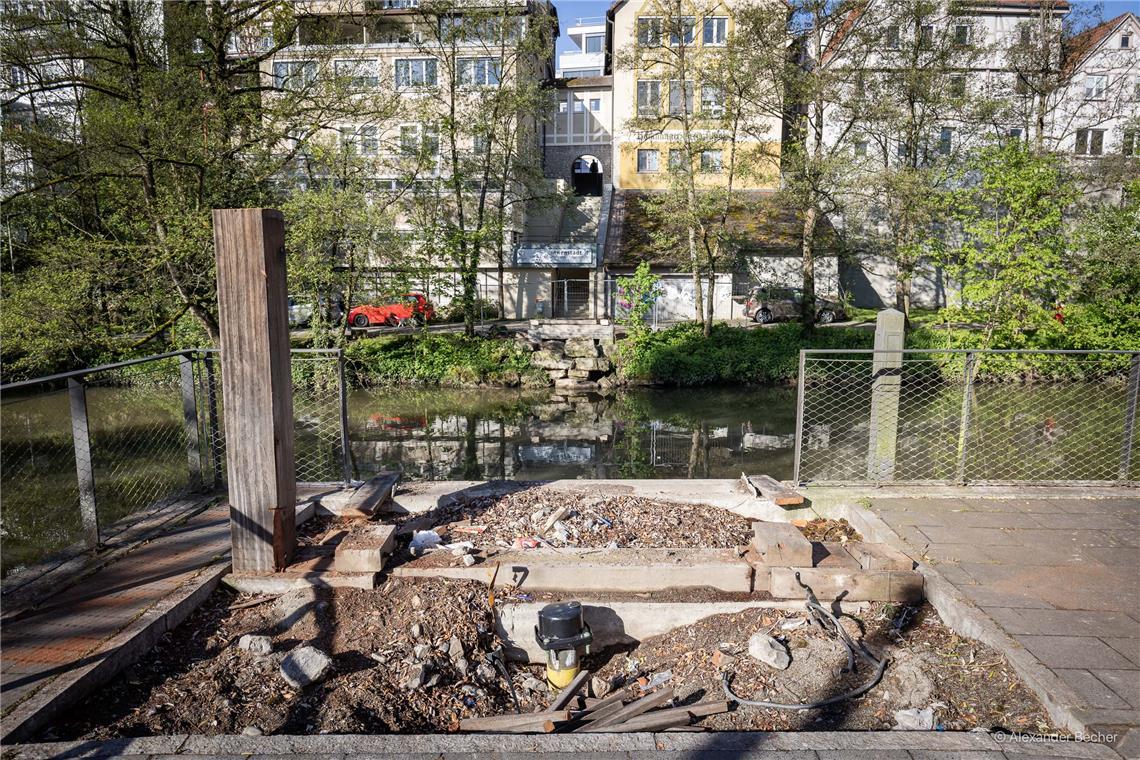 // Der Holzsteg wird ausgehoben und auf die Bleichwiese gelegt