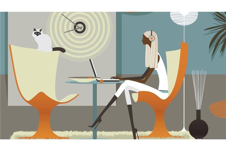 Frau hört Musik am Laptop in stylishem Interieur PUBLICATIONxINxGERxSUIxAUTxONLY Copyright: xVladaxKraminax 30930042