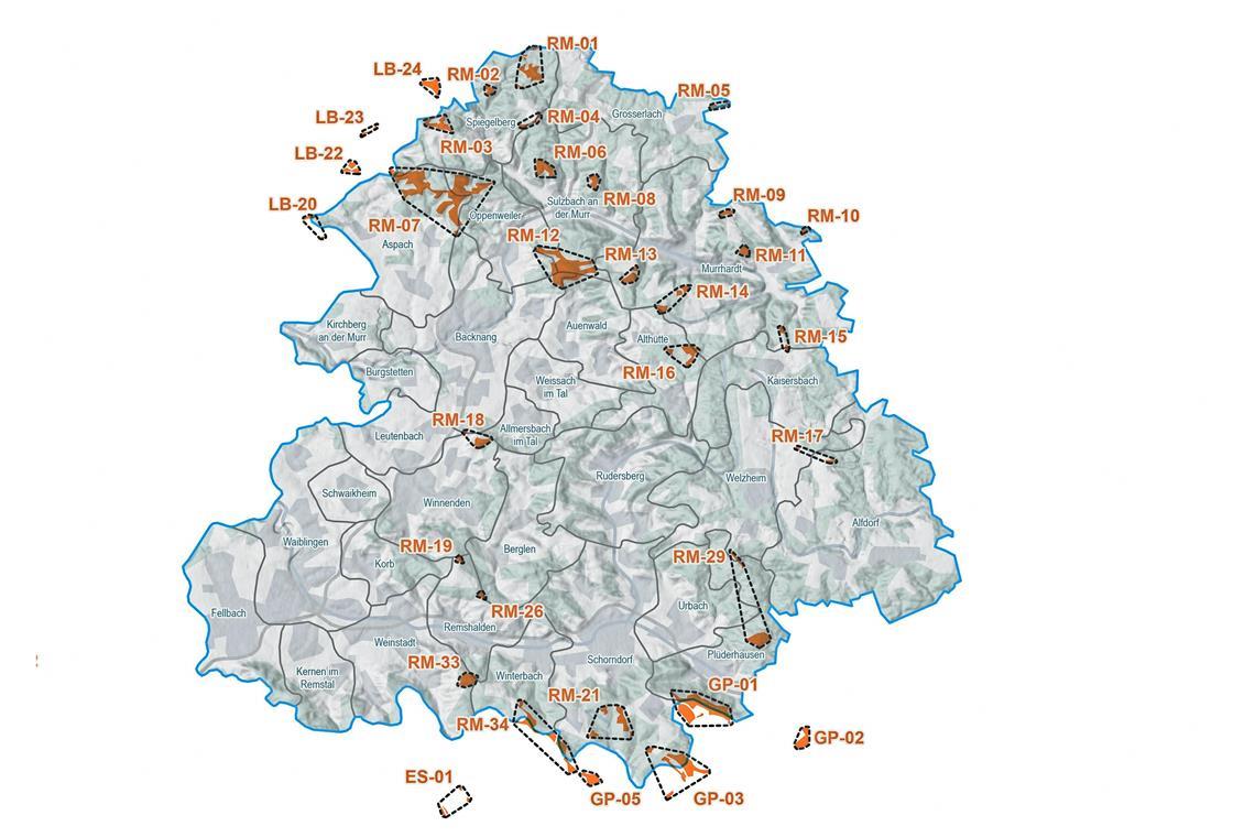 24 Vorranggebiete für Windkraft sieht der Planentwurf des Verbands Region Stuttgart für den Rems-Murr-Kreis vor (gekennzeichnet mit der Abkürzung RM). Daneben zeigt die Karte auch Vorranggebiete, die kurz hinter den Kreisgrenzen geplant sind. Karte: Verband Region Stuttgart