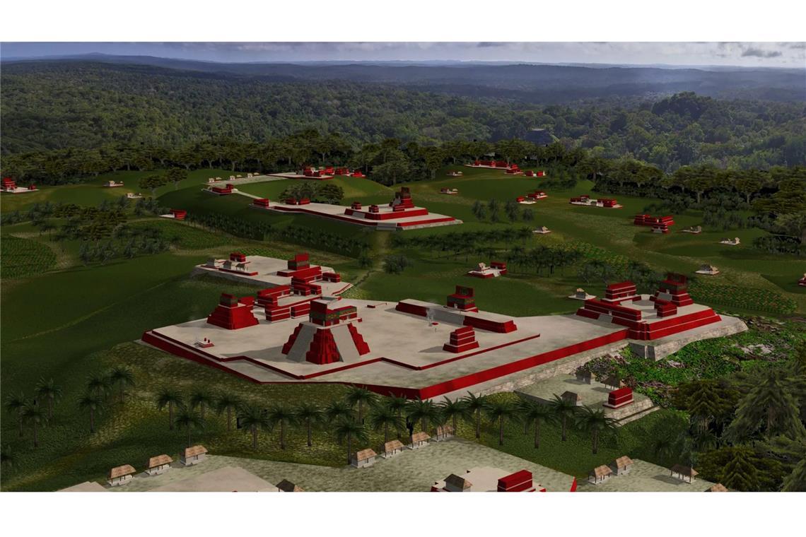 Zeugnis der Maya-Kultur: Die 3000 Jahre alte Stadt der Großeltern 3D-Gesamtansicht der neuentdeckten Maya-Stätte „ Los Abuelos“ nahe den archäologischen Parks von Tikal und Uaxactún in der Provinz Petén in Guatemala.