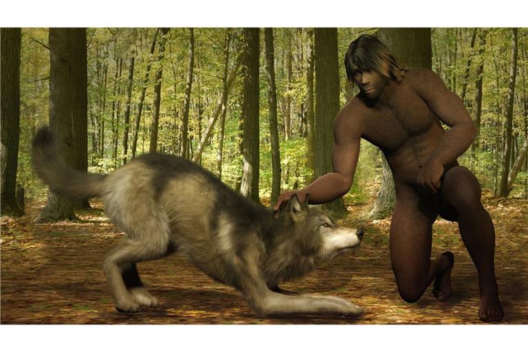 3D-Illustration eines Steinzeitmenschen mit einem Wolf.