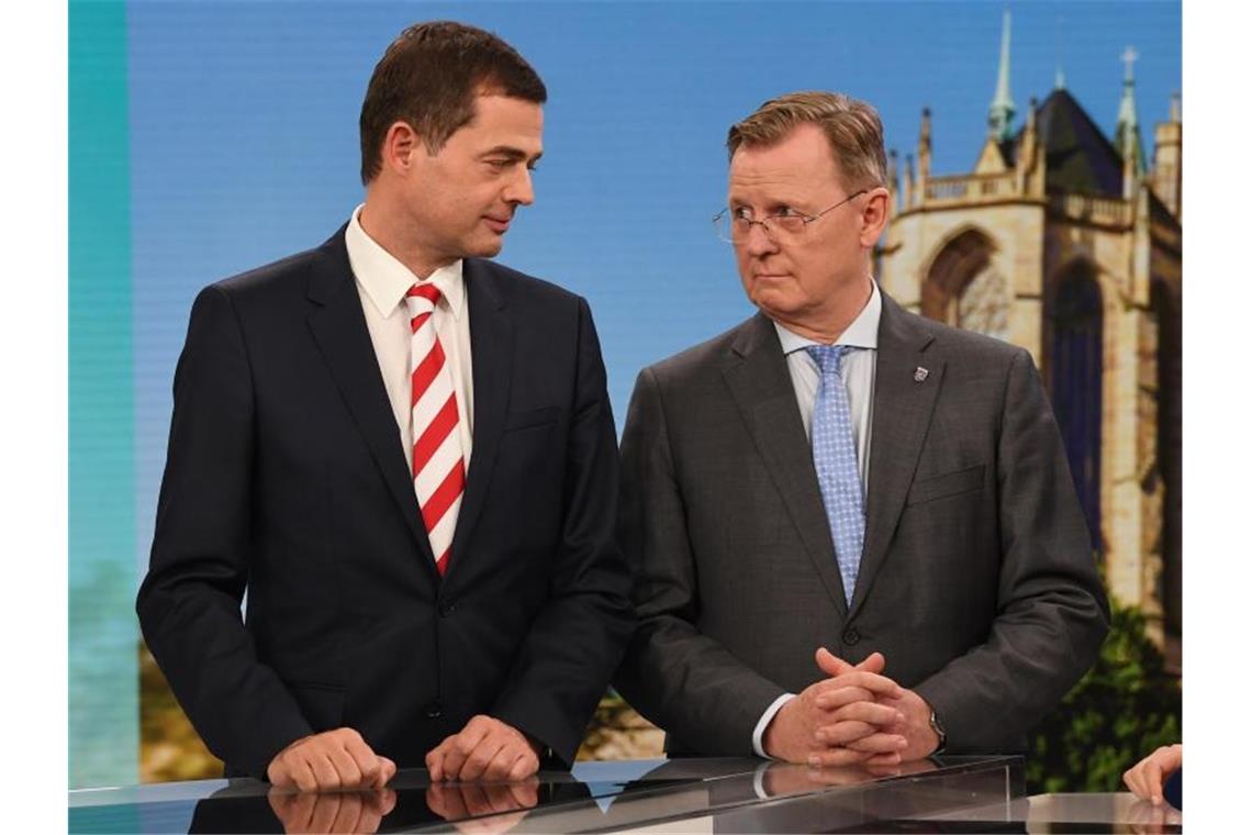 91 Prozent der Thüringer sagten vor wenigen Tagen in einer Umfrage, CDU-Landeschef Mike Mohring (l.) und Thüringens Ministerpräsident Bodo Ramelow (Linke) sollten zusammenarbeiten. Foto: Martin Schutt/dpa-Zentralbild/dpa