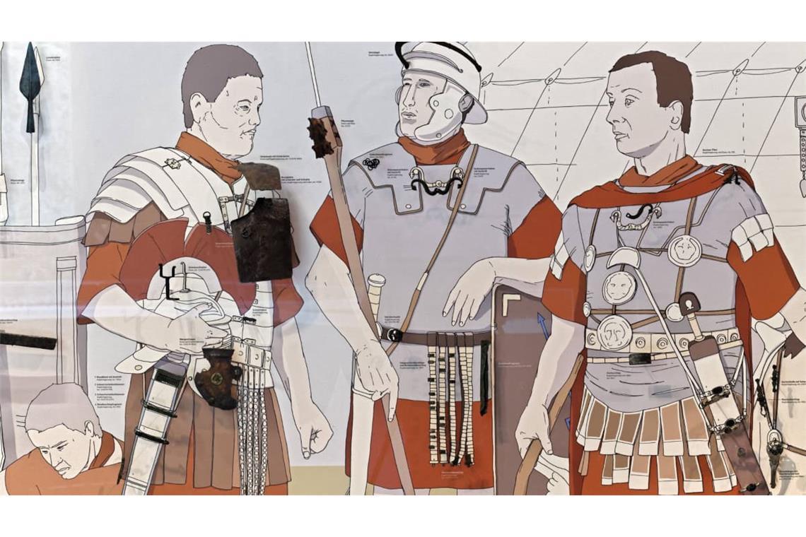 Abbildung von Legionären mit archäologischen Funden, Varusschlacht Museum und Park Kalkriese.