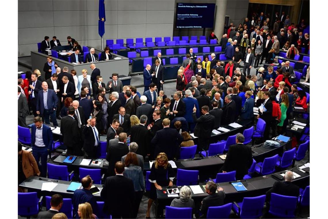 Abgeordnete während der ersten namentlichen Abstimmung zu einem Änderungsantrag der FDP. Kurz danach wurde die Sitzung unterbrochen. Foto: Soeren Stache/dpa-Zentralbild/dpa
