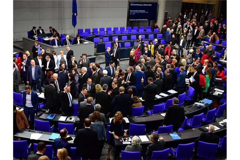 Abgeordnete während der ersten namentlichen Abstimmung zu einem Änderungsantrag der FDP. Kurz danach wurde die Sitzung unterbrochen. Foto: Soeren Stache/dpa-Zentralbild/dpa