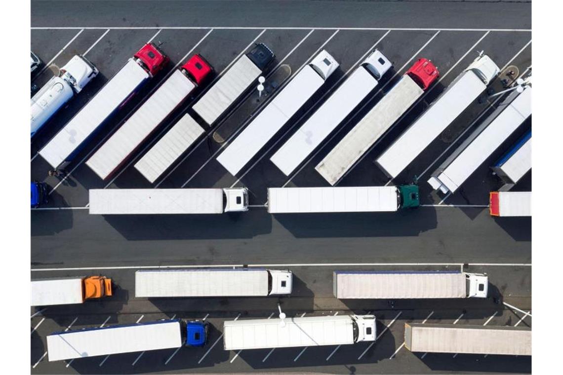 Abgestellte Lastwagen stehen auf einem Parkplatz. Foto: Arnulf Stoffel/dpa