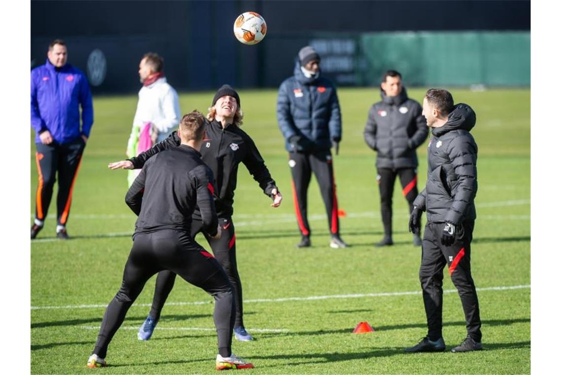 Abschlusstraining von RB Leipzig vor dem Spiel gegen San Sebastian. Foto: Christian Modla/dpa