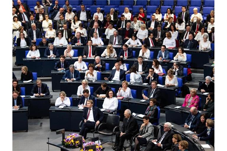 Abwechselnd eine weibliche Abgeordnete und ein männlicher Abgeordneter: Bei der Feierstunde zum 100. Jahrestag des Frauenwahlrechtes bei der Wahl zur Verfassunggebenden Deutschen Nationalversammlung 1919 nahm die SPD-Fraktion im Januar eine ungewohnte Sitzordnung ein. Foto: Bernd von Jutrczenka