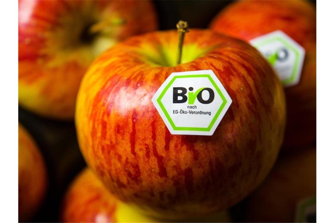 Äpfel mit Bio-Siegel. Bio ist zurzeit einer der größten Wachstumsträger im Lebensmittelhandel. Foto: picture alliance / David Ebener/dpa