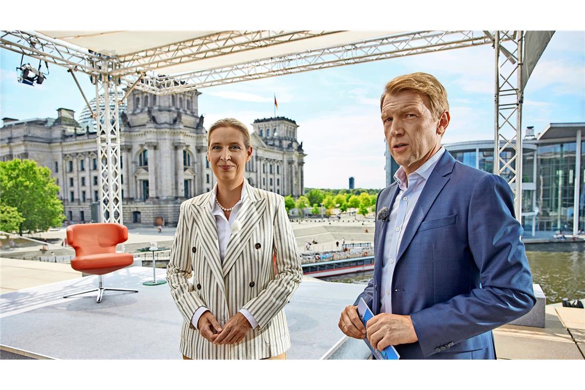 Weidel-Störer verteidigen Aktion bei Sommerinterview AfD-Chefin Alice Weidel mit dem ARD-Moderator Markus Preiß