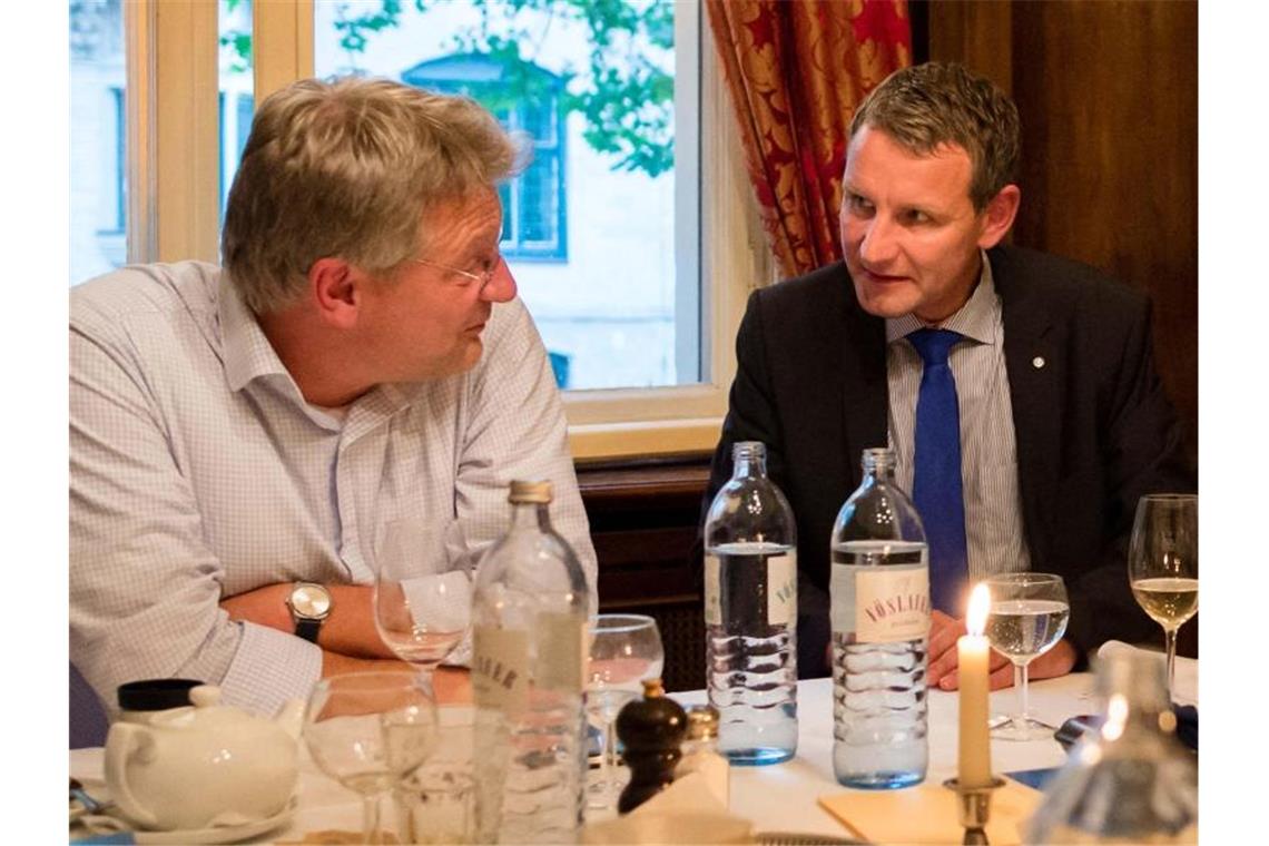 Wahlkampfauftakt in Brandenburg: AfD demonstriert Einigkeit AfD-Parteichef Jörg Meuthen (l) und Thüringens Fraktionschef Björn Höcke. Foto: Gregor Fischer/Archiv