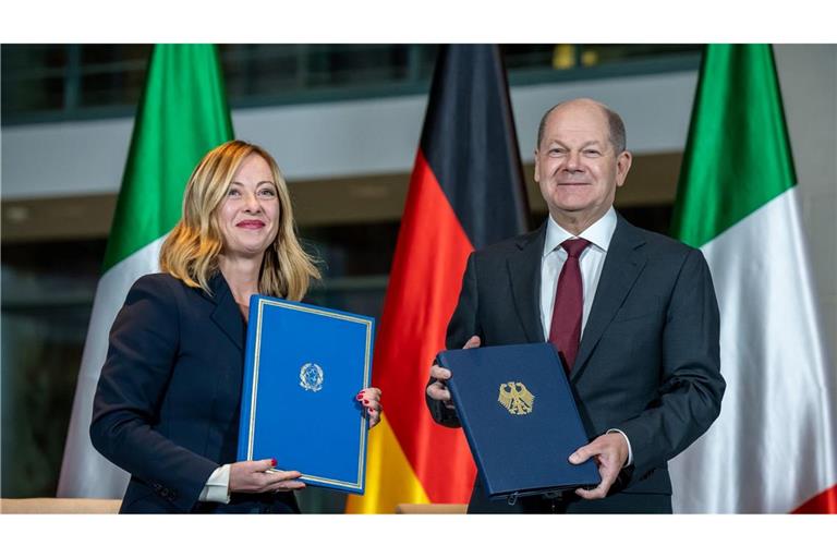 "Aktionsplan" für mehr Zusammenarbeit: Ministerpräsidentin Giorgia Meloni und Bundeskanzler Olaf Scholz in Berlin.