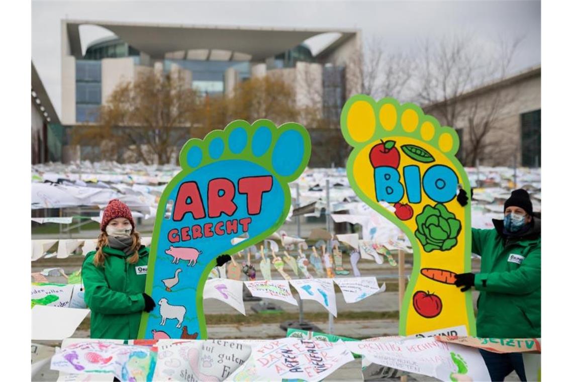 Aktivisten des Bund für Umwelt und Naturschutz Deutschland (Bund) bei einem Protest in Berlin gegen die aktuelle Agrar- und Ernährungspolitik Deutschlands. Foto: Christoph Soeder/dpa