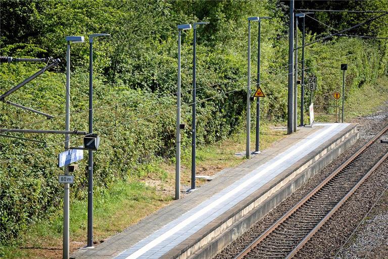 Aktuell bietet sich den Fahrgästen am Bahnhof in Oppenweiler ein erstaunlicher Anblick: Die alten und die neuen Laternen stehen in geringem Abstand nebeneinander. Foto: Alexander Becher