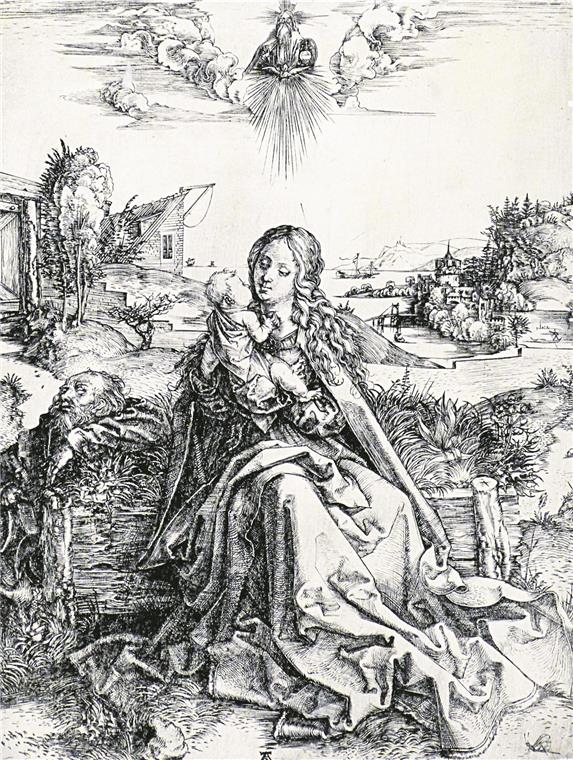 Dauerhafter Blick in die Schatzkammer Albrecht Dürers „Die Heilige Familie mit der Libelle“, Kupferstich monogrammiert, von 1495.