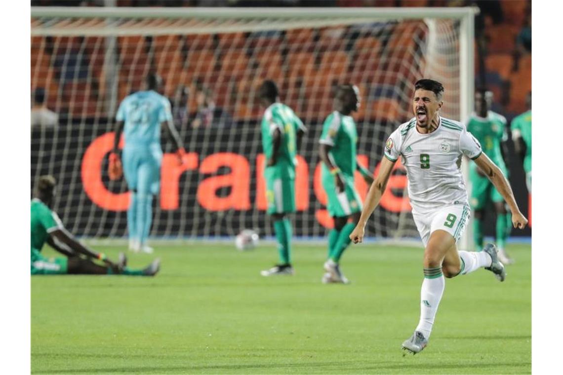 Algeriens Baghdad Bounedjah jubelt über den Siegtreffer im Finale des Afrika Cups. Foto: Oliver Weiken