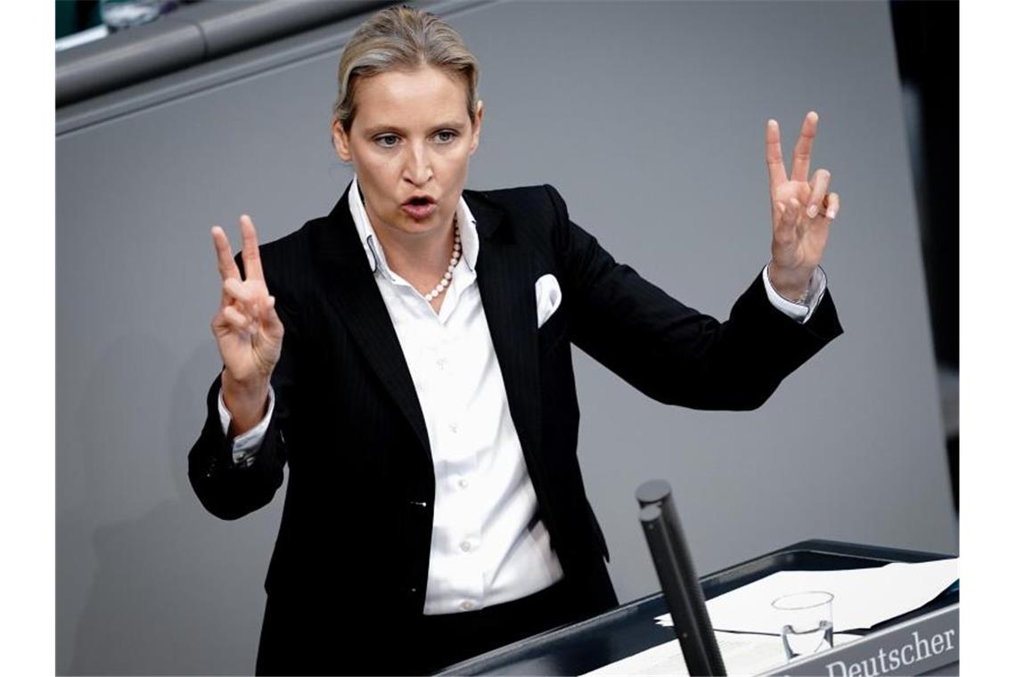 AfD-Spitzenkandidatin Weidel will sich nicht impfen lassen Alice Weidel, Fraktionsvorsitzende der AfD, spricht im Bundestag zu den Abgeordneten. Foto: Kay Nietfeld/dpa