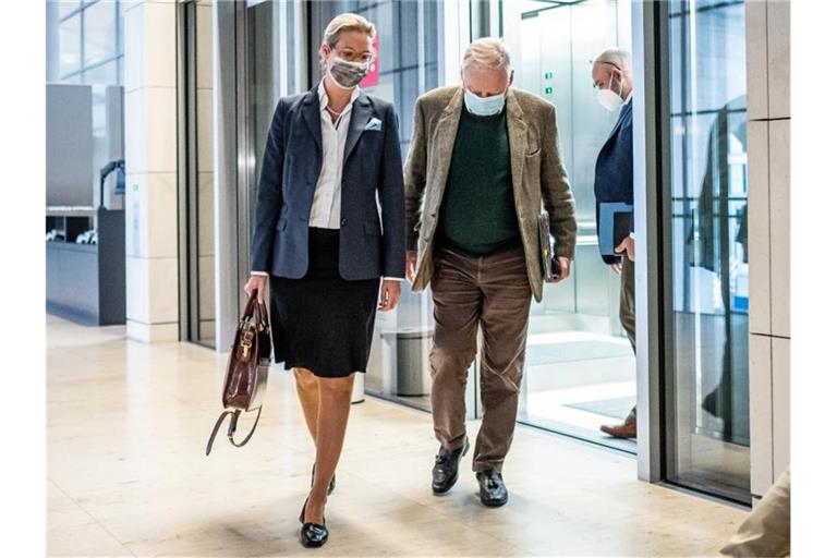 Alice Weidel und Alexander Gauland kommen zur konstituierenden AfD-Fraktionssitzung in den Bundestag. Foto: Michael Kappeler/dpa