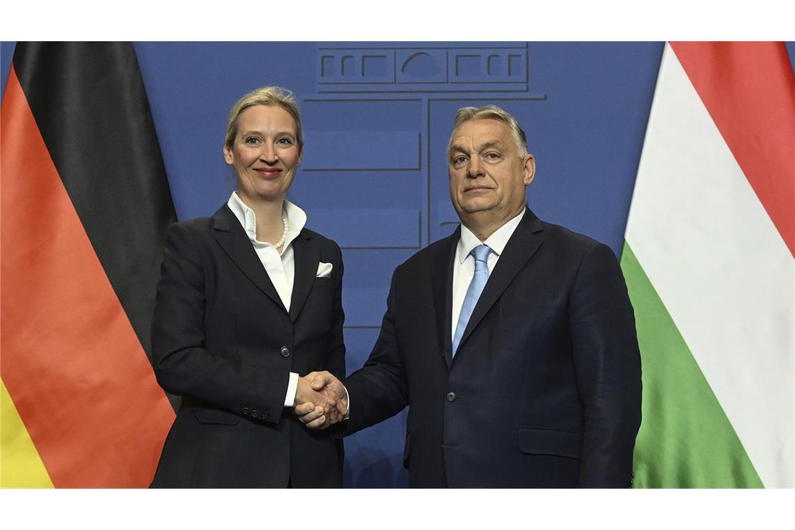 Alice Weidel bezeichnet Viktor Orban als „Leuchtfeuer der Freiheit“ Alice Weidel und Viktor Orban schütteln sich die Hände nach einer Pressekonferenz in Budapest im Februar 2025. (Archivfoto)