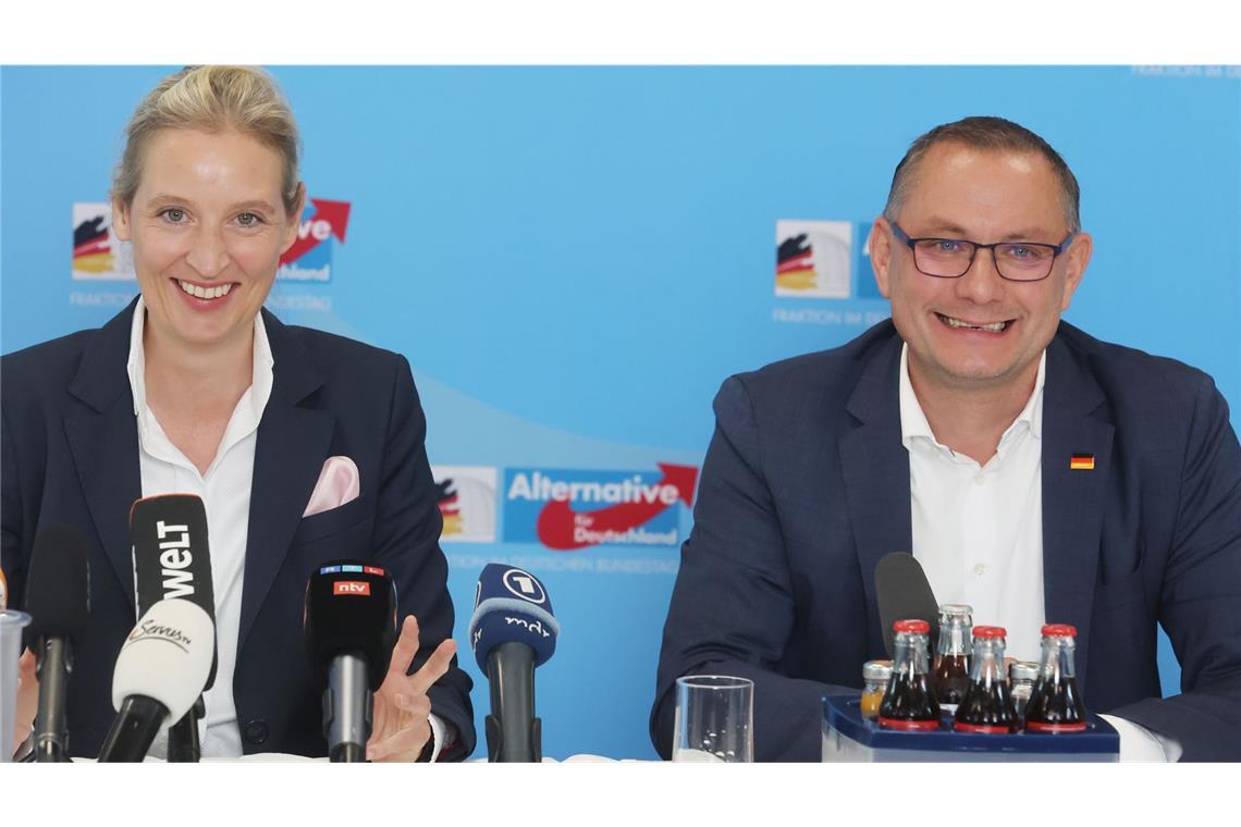 Alice Weidel, Vorsitzende der Partei Alternative für Deutschland (AfD), und Tino Chrupalla, AfD-Vorsitzender. Laut Chrupalla werde die AfD spätestens im 2029 regieren (Archivfoto).