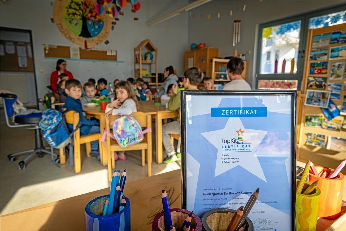 Stadt Backnang lässt ihre Kitas zertifizieren Als erste Backnanger Einrichtung hat der Kindergarten Bertha von Suttner das Top-Kita-Zertifikat bekommen. Die Tagesstätte hatte sich dafür einem dreistufigen Bewertungsverfahren stellen müssen. Foto: Alexander Becher