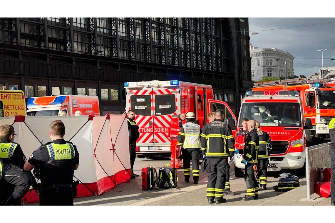 Was wir wissen – und was nicht Am Hamburger Hauptbahnhof, wo mehrere Menschen mit Messerstichen verletzt wurden, arbeiten Einsatzkräfte am Tatort.