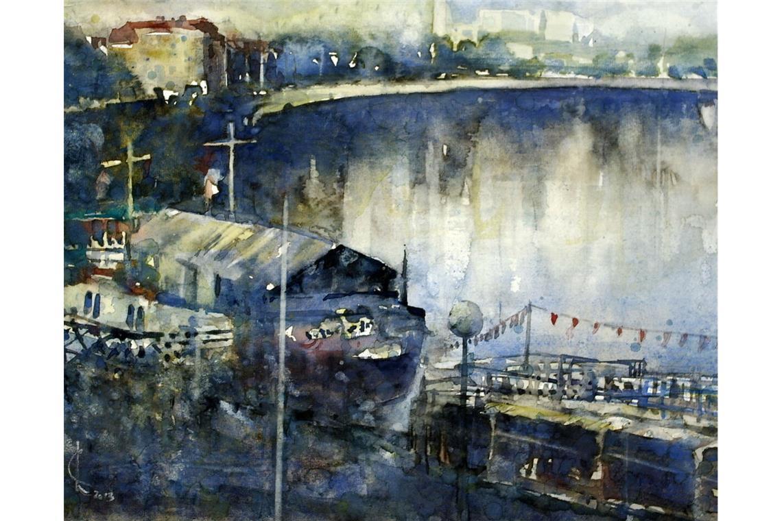 Der Zauber des Lichts Am Neckar zum Mühlsteg heißt das wunderbare Bild von Aquarellmaler Wolfgang Eichenbrenner von 2011.