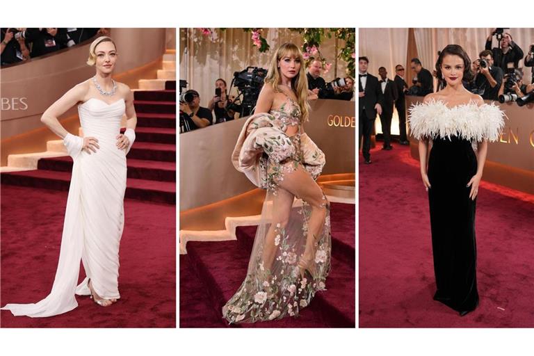 Amanda Seyfried (links) und Selena Gomez (rechts) entschieden sich für klassische Looks – Jennifer Lawrence für die Kontroverse.
