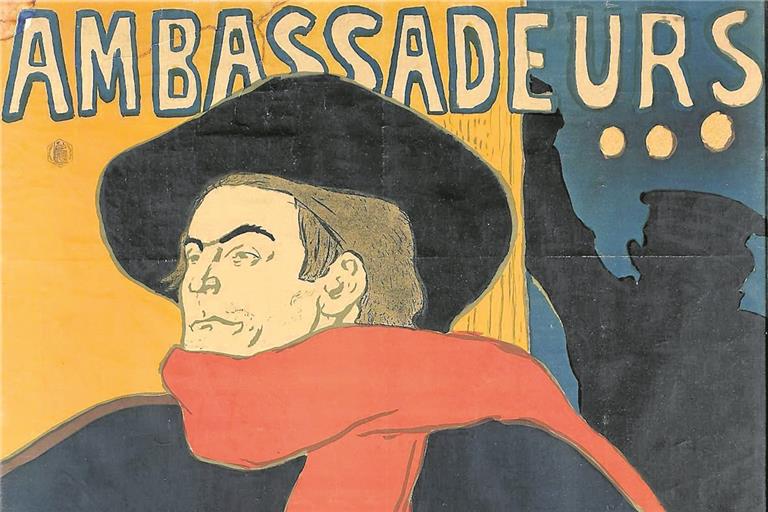 Ambassadeurs: Aristide Bruant, Lithografie von Henri de Toulouse-Lautrec aus dem Jahr 1892, Musée d’Ixelles, Brüssel. Fotos: Musée d’Ixelles-Bruxelles, Institut für Kulturaustausch, Tübingen 2018