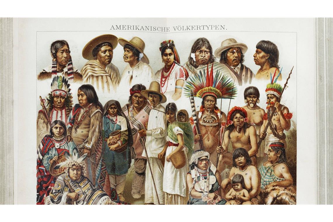 Amerikanische Völkertypen, indigene Bewohner Amerikas: Farblithografie aus dem Brockhaus Lexikon von 1908.