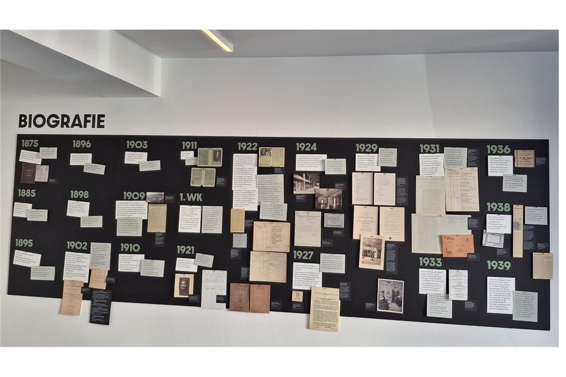 An einer Wand in der Weissenhofwerkstatt sind viele Archiv-Funde zu Otto Lossens Leben versammelt, darunter