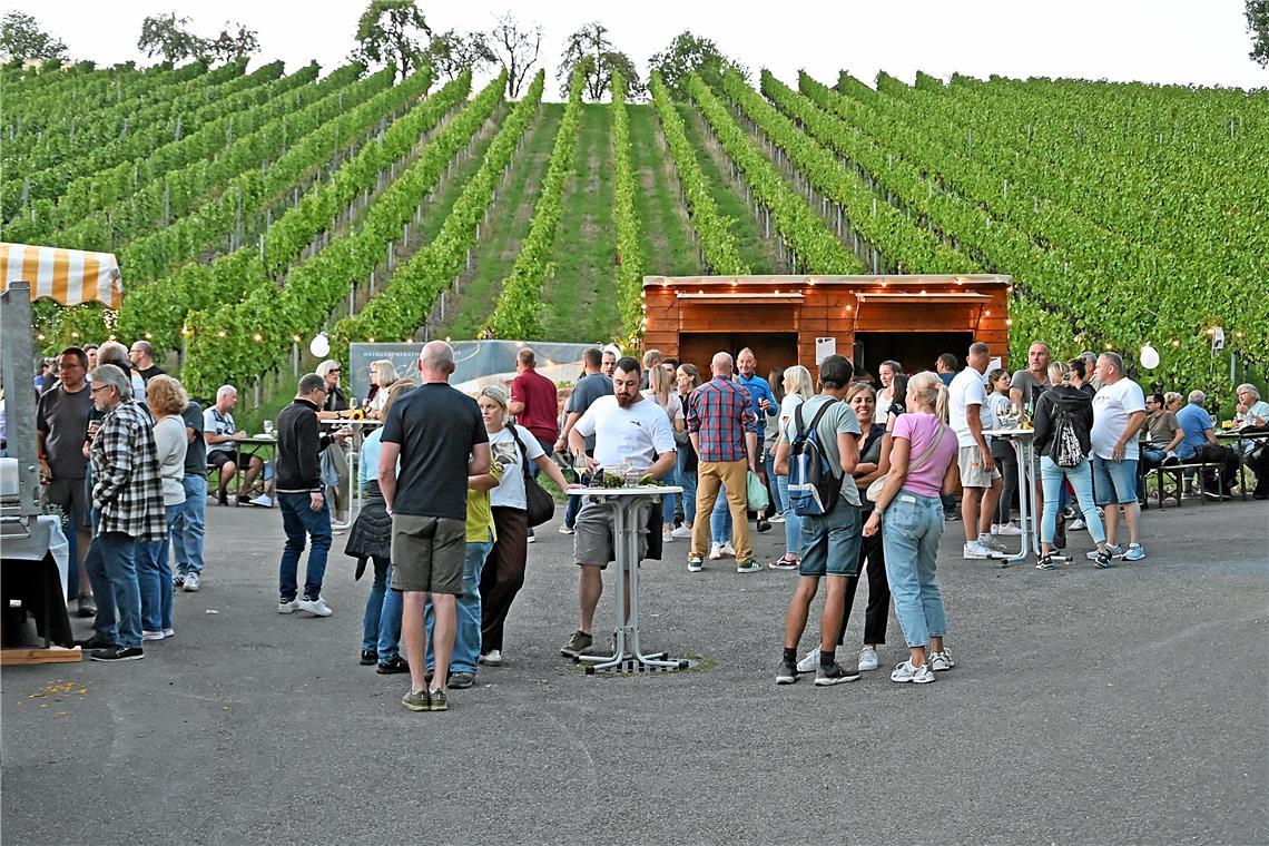 An verschiedenen Station der Winzer im Weinberg geht es gesellig zu. Kelter. Wei...