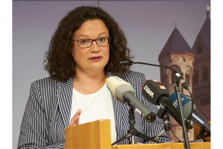 Andrea Nahles, ehemalige Vorsitzende der SPD, bei ihrem Vortrag im Kloster Maria Laach in der Eifel. Foto: Thomas Frey