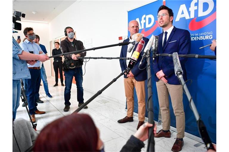 Andreas Kalbitz (l), Vorsitzender der AfD-Fraktion im Landtag von Brandenburg, und Dennis Hohloch, Parlamentarischer Geschäftsführer, geben eine Pressekonferenz. Foto: Soeren Stache/dpa-Zentralbild/dpa