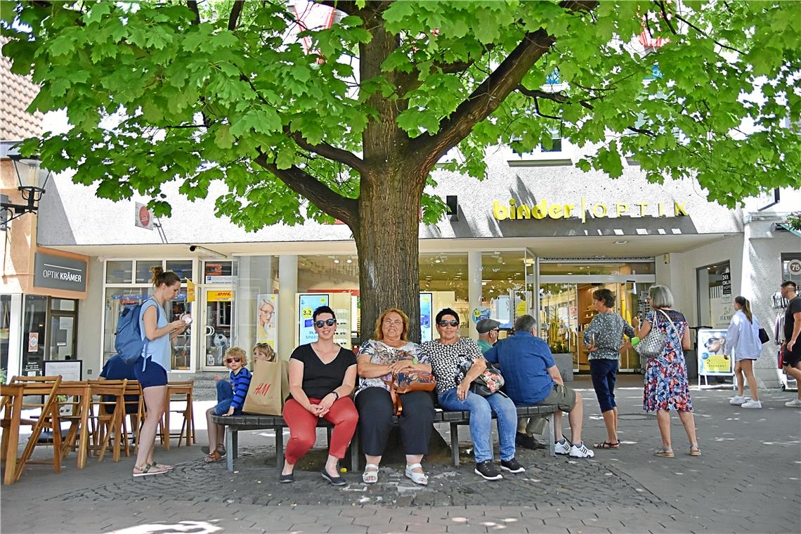 Kühle Oasen in der Sommerhitze Anette Michel (von links) und ihre Kinder John und Aimee sowie Melanie Kohle, Michaela Zimarino und Sylvia Schneider finden unter dem Baum am Rathaus Abkühlung.