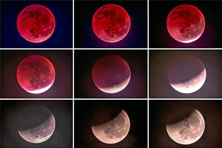 Anfangs blutrot, später zunehmend enthüllt: Der Mond am Sonntagabend. Foto: Ralf Blum