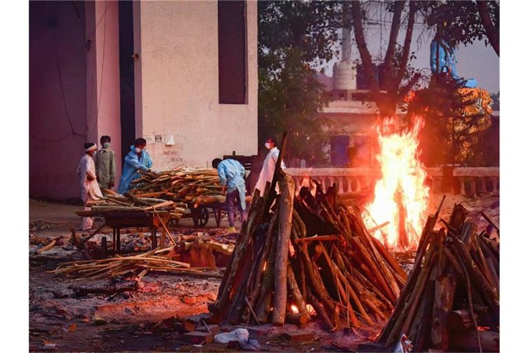 Angehörige eines an den Folgen des Coronavirus Verstorbenenen sammeln in Neu Delhi Holz für die Einäscherung. Foto: Manish Rajput/SOPA Images via ZUMA Wire/dpa