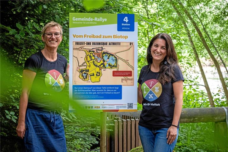 Angelika Roth (links) und Melanie Rautscher sind stolz auf ihr Projekt. Hier stehen sie an einer Tafel der Tour durch Althütte. Foto: A. Becher 