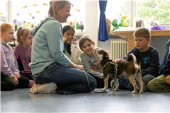 Anina Schieslings Schulhund Hildegard genießt die Streicheleinheiten der Schüler der Klasse 2b. Fotos: Alexander Becher