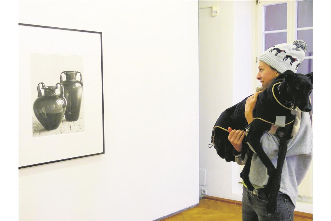 Die Innenräume werden zur Bühne Anna Lea Hucht mit ihrem Hund Celeste, einem spanischen Windhund. Sie spricht über ihr Vasen-Aquarell, das nach einer Fotografie entstand. Dabei ging es ihr um Sachlichkeit und den Malprozess.