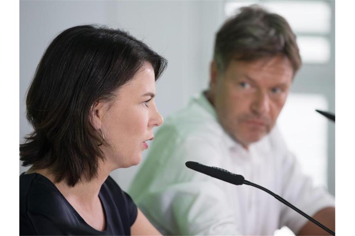 Annalena Baerbock und Robert Habeck Ende Augustg bei einer Pressekonferenz in Dresden. Foto: Sebastian Kahnert/zb/dpa