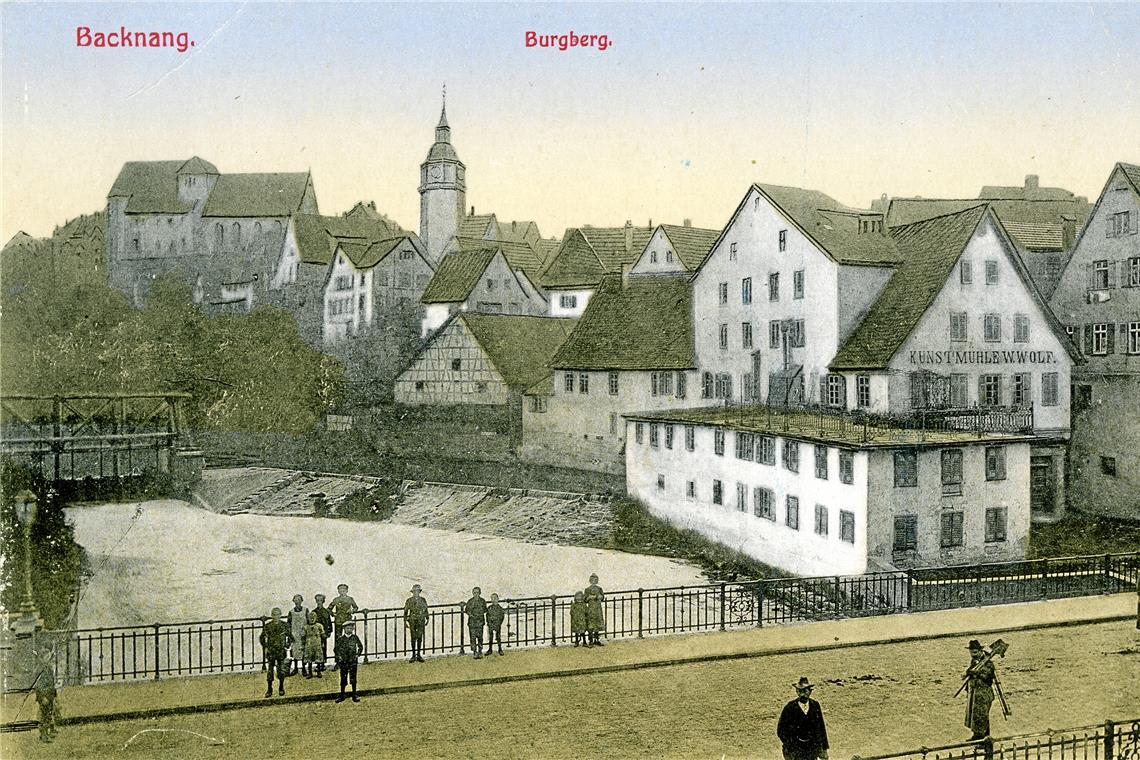 Ansichtskarte mit der Wolf’schen Mühle an der Sulzbacher Brücke um 1900. Repros: P. Wolf