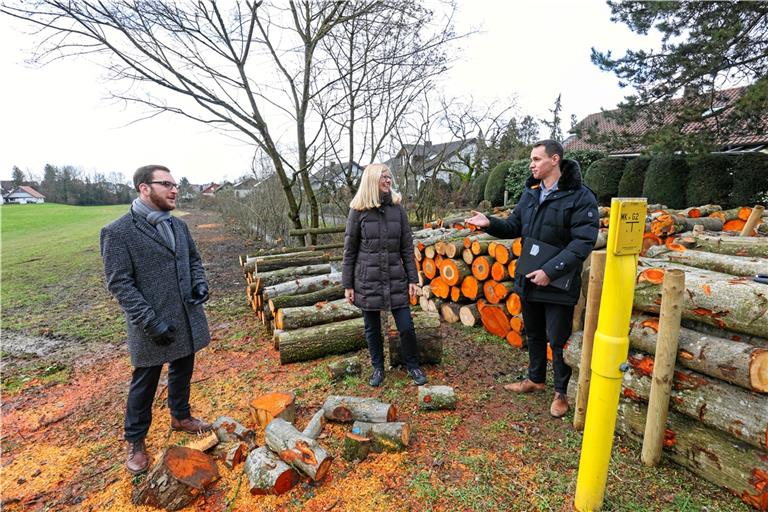 Anwohnerin Blanka Herzig mit Bürgermeister Kai-Uwe Ernst (links) und Bauamtsleiter Pierre Mayer am Holzbach in Unterbrüden. Fotos: A. Becher