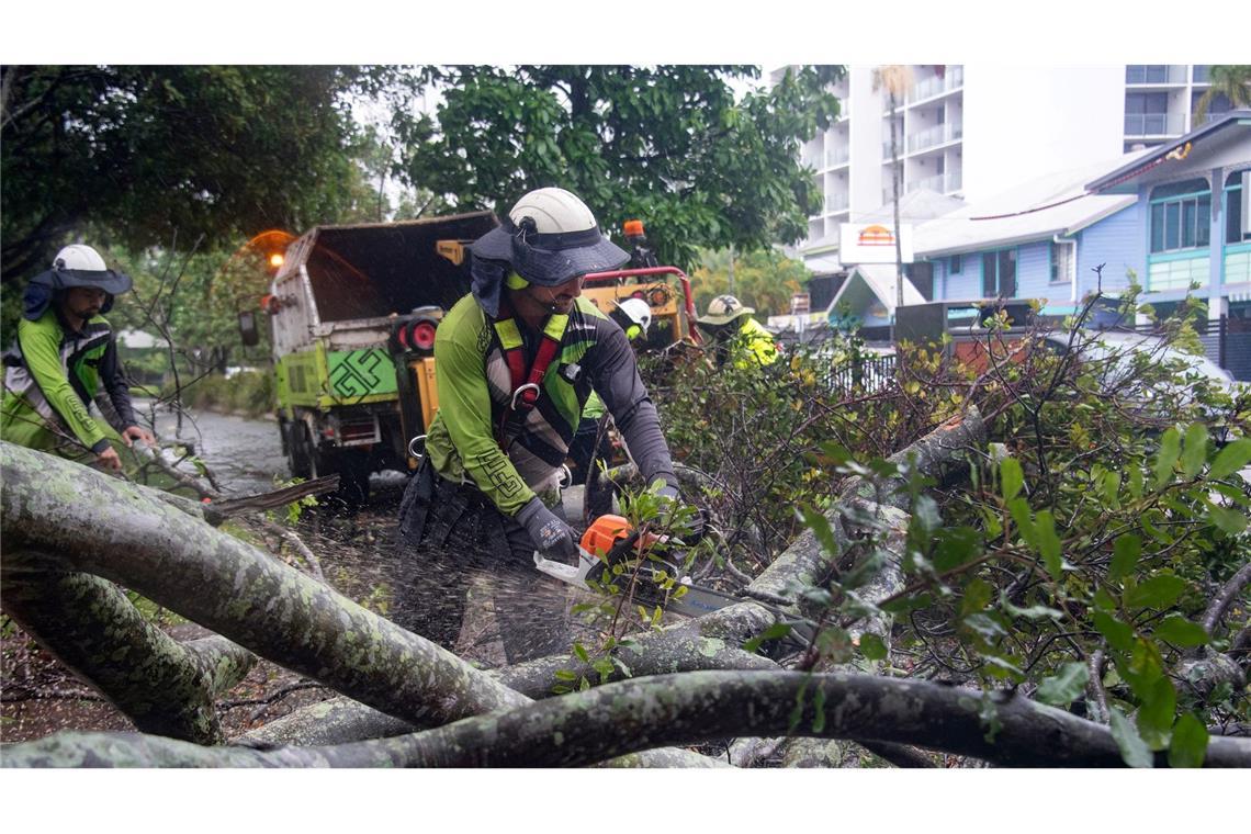 Arbeiter entfernen einen umgestürzten Baum in Queensland. Ein tropischer Wirbelsturm ist über die Nordostküste Australiens gezogen. Die Windgeschwindigkeiten erreichten bis zu 113 Kilometer pro Stunde.