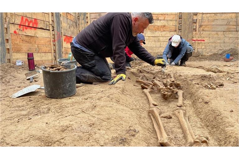 Archäologen legen Skelette in der Baugrube des Neubaus des Gästehauses des Landtags frei