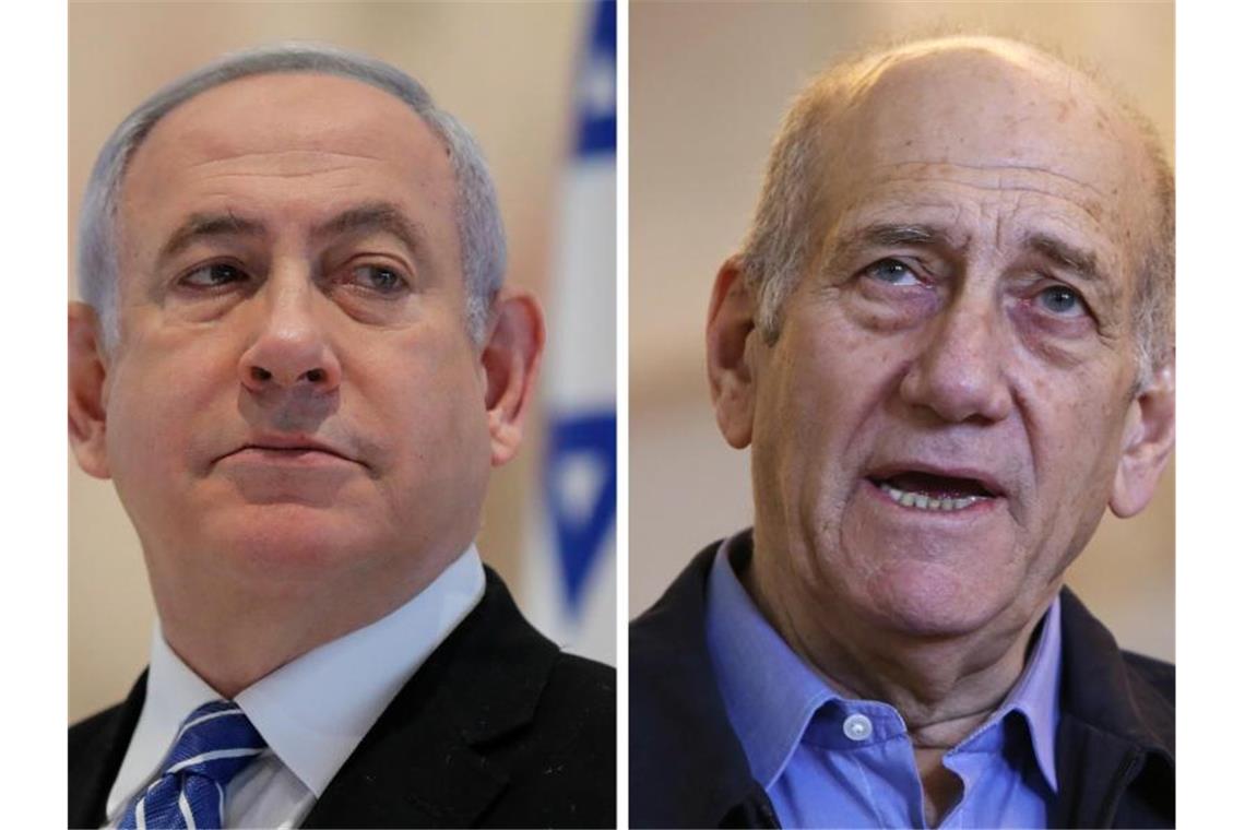 Netanjahu gegen Olmert: Rechtsstreit der Ex-Regierungschefs Archivfotos von Benjamin Netanjahu (l), damals Ministerpräsident von Israel, aufgenommen 2020, und Ehud Olmert, ehemaliger israelische Ministerpräsident, im Jahr 2015. Foto: Abir Sultan/Pool European Pressphoto Agency/dpa
