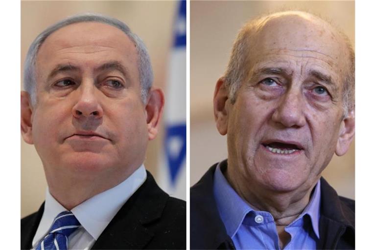 Archivfotos von Benjamin Netanjahu (l), damals Ministerpräsident von Israel, aufgenommen 2020, und Ehud Olmert, ehemaliger israelische Ministerpräsident, im Jahr 2015. Foto: Abir Sultan/Pool European Pressphoto Agency/dpa
