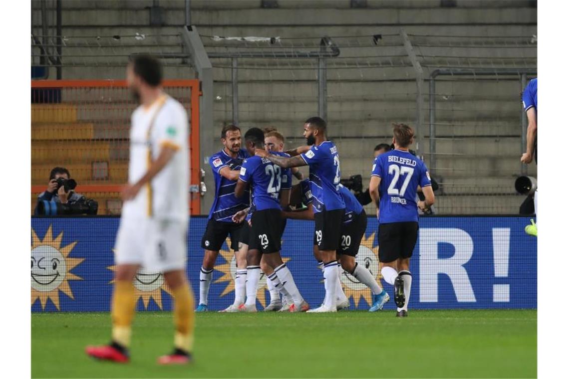 Arminia Bielefeld kann nach dem Sieg gegen Dynamo Dresden für die Bundesliga planen. Foto: Friso Gentsch/dpa-pool/dpa